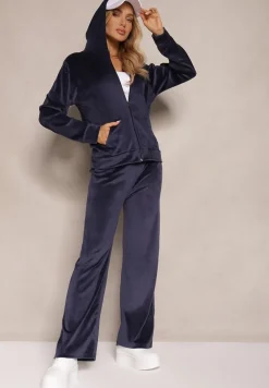 Granatowy Welurowy Komplet Dresowy Bluza z Kapturem i Szerokie Spodnie Poretta