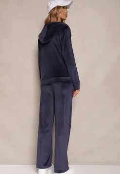 Granatowy Welurowy Komplet Dresowy Bluza z Kapturem i Szerokie Spodnie Poretta