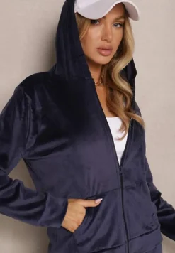 Granatowy Welurowy Komplet Dresowy Bluza z Kapturem i Szerokie Spodnie Poretta