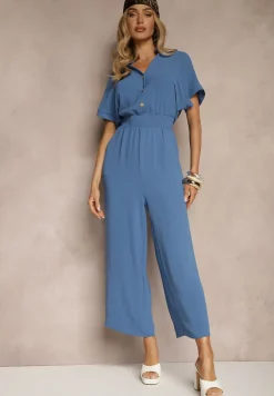 Granatowy Wiskozowy Kombinezon z Dekoltem w Serek Zapinany na Guziki Anisora