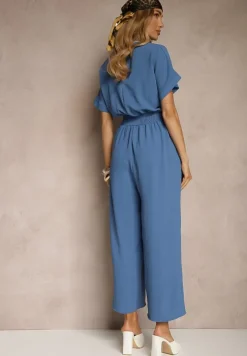 Granatowy Wiskozowy Kombinezon z Dekoltem w Serek Zapinany na Guziki Anisora