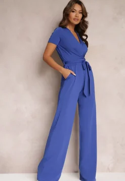 Granatowy Wiązany Kombinezon z Długimi Nogawkami i Kopertowym Dekoltem Adithia