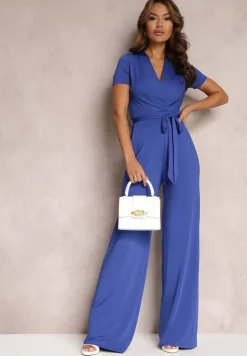 Granatowy Wiązany Kombinezon z Długimi Nogawkami i Kopertowym Dekoltem Adithia