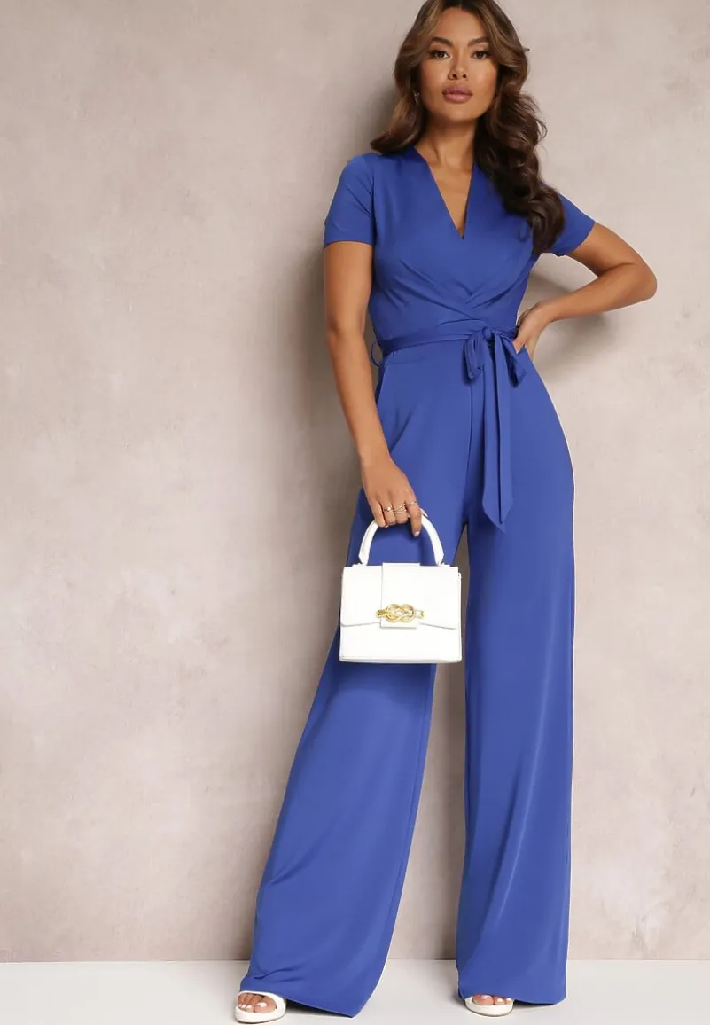 Granatowy Wiązany Kombinezon z Długimi Nogawkami i Kopertowym Dekoltem Adithia