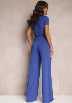 Granatowy Wiązany Kombinezon z Długimi Nogawkami i Kopertowym Dekoltem Adithia