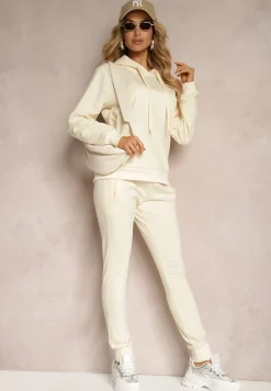 Jasnobeżowa Kangurka Bluza z Kapturem i Ściągaczem Saveria