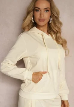 Jasnobeżowa Kangurka Bluza z Kapturem i Ściągaczem Saveria