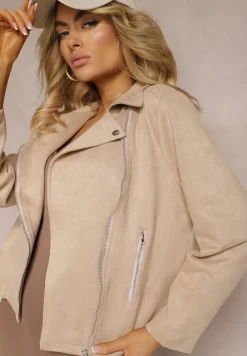 Jasnobeżowa Asymetryczna Kurtka Ramoneska z Imitacji Zamszu Kmiya