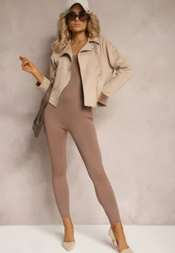 Jasnobeżowa Asymetryczna Kurtka Ramoneska z Imitacji Zamszu Kmiya