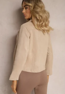 Jasnobeżowa Asymetryczna Kurtka Ramoneska z Imitacji Zamszu Kmiya