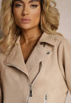 Jasnobeżowa Asymetryczna Kurtka Ramoneska z Imitacji Zamszu Kmiya