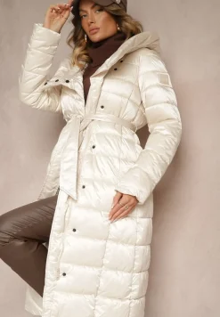 Jasnobeżowa Asymetryczna Kurtka z Pikowanym Przeszyciem Kapturem i Wiązanym Paskiem Tilisia