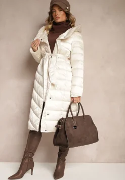 Jasnobeżowa Asymetryczna Kurtka z Pikowanym Przeszyciem Kapturem i Wiązanym Paskiem Tilisia