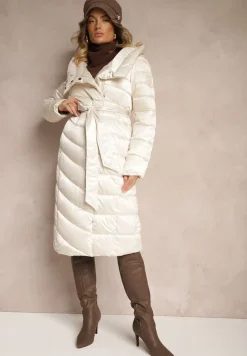 Jasnobeżowa Asymetryczna Kurtka z Pikowanym Przeszyciem Kapturem i Wiązanym Paskiem Tilisia