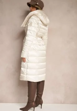 Jasnobeżowa Asymetryczna Kurtka z Pikowanym Przeszyciem Kapturem i Wiązanym Paskiem Tilisia