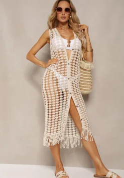 Jasnobeżowa Ażurowa Narzutka z Frędzlami Bez Rękawów na Guziki Zremelia