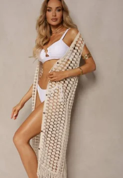 Jasnobeżowa Ażurowa Narzutka z Frędzlami Bez Rękawów na Guziki Zremelia