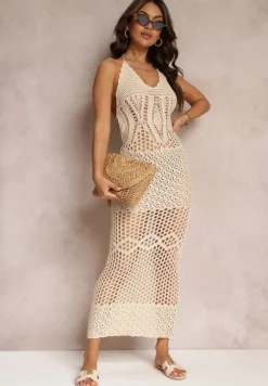 Jasnobeżowa Ażurowa Sukienka z Odkrytymi Plecami Kinsle