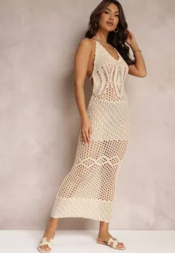 Jasnobeżowa Ażurowa Sukienka z Odkrytymi Plecami Kinsle