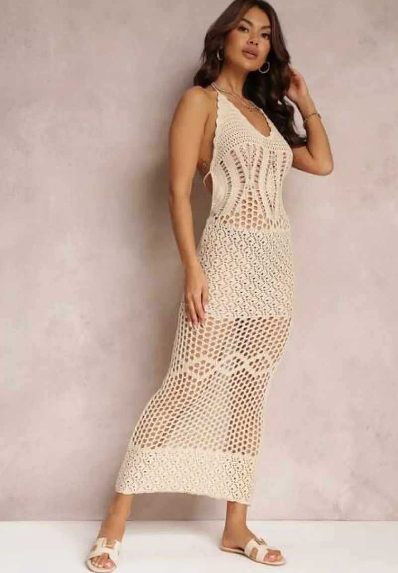 Jasnobeżowa Ażurowa Sukienka z Odkrytymi Plecami Kinsle