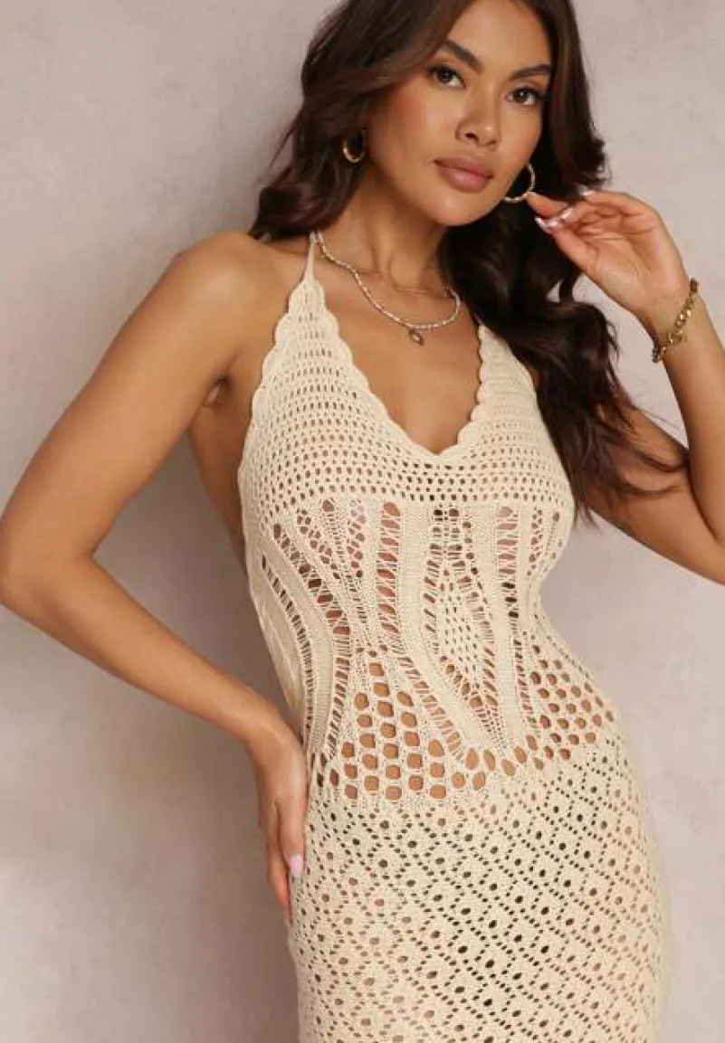 Jasnobeżowa Ażurowa Sukienka z Odkrytymi Plecami Kinsle