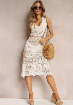 Jasnobeżowa Ażurowa Sukienka na Ramiączkach z Głębokim Dekoltem Anaclara