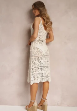 Jasnobeżowa Ażurowa Sukienka na Ramiączkach z Głębokim Dekoltem Anaclara