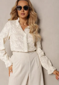 Jasnobeżowa Bawełniana Casualowa Koszula Ozdobiona Haftem i Guzikami Blilasa