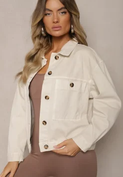 Jasnobeżowa Bawełniana Jeansowa Kurtka z Guzikami Avieria