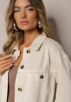 Jasnobeżowa Bawełniana Jeansowa Kurtka z Guzikami Avieria