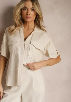 Jasnobeżowa Bawełniana Koszula z Lnem o Klasycznym Fasonie Leontia