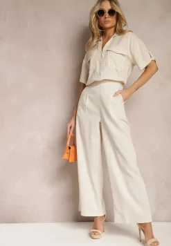 Jasnobeżowa Bawełniana Koszula z Lnem o Klasycznym Fasonie Leontia