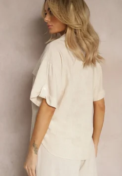 Jasnobeżowa Bawełniana Koszula z Lnem o Klasycznym Fasonie Leontia