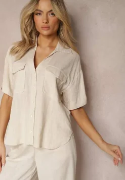 Jasnobeżowa Bawełniana Koszula z Lnem o Klasycznym Fasonie Leontia