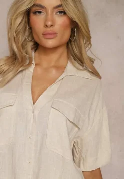 Jasnobeżowa Bawełniana Koszula z Lnem o Klasycznym Fasonie Leontia