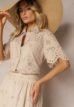 Jasnobeżowa Bawełniana Koszula z Haftowanej Tkaniny Zapinana na Guziki z Kieszeniami Tesanora