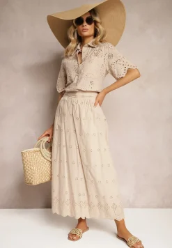 Jasnobeżowa Bawełniana Koszula z Haftowanej Tkaniny Zapinana na Guziki z Kieszeniami Tesanora