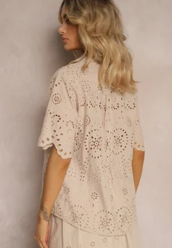 Jasnobeżowa Bawełniana Koszula z Haftowanej Tkaniny Zapinana na Guziki z Kieszeniami Tesanora