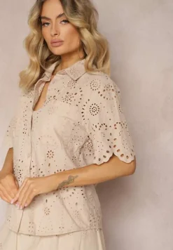 Jasnobeżowa Bawełniana Koszula z Haftowanej Tkaniny Zapinana na Guziki z Kieszeniami Tesanora