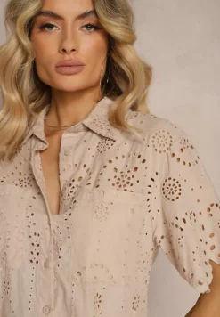 Jasnobeżowa Bawełniana Koszula z Haftowanej Tkaniny Zapinana na Guziki z Kieszeniami Tesanora