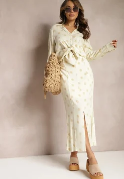 Jasnobeżowa Bawełniana Koszula Ozdobiona Wzorem w Kropki Aglide