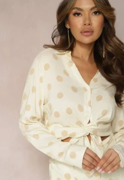 Jasnobeżowa Bawełniana Koszula Ozdobiona Wzorem w Kropki Aglide