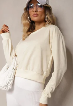 Jasnobeżowa Bluza z Bawełną ze Ściągaczami przy Rękawach i w Pasie Alberia