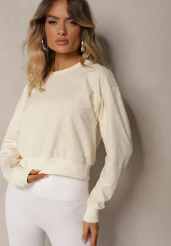 Jasnobeżowa Bluza z Bawełną ze Ściągaczami przy Rękawach i w Pasie Alberia