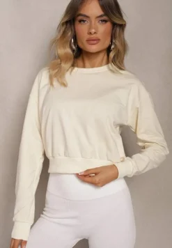 Jasnobeżowa Bluza z Bawełną ze Ściągaczami przy Rękawach i w Pasie Alberia