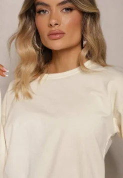 Jasnobeżowa Bluza z Bawełną ze Ściągaczami przy Rękawach i w Pasie Alberia