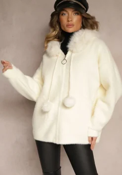 Jasnobeżowa Bluza z Wełną Wiskozą Kapturem Odpinanym Futerkiem i Pomponami Delailith