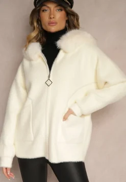 Jasnobeżowa Bluza z Wełną z Kapturem i Kieszeniami Ozdobiona Futerkiem Siliti