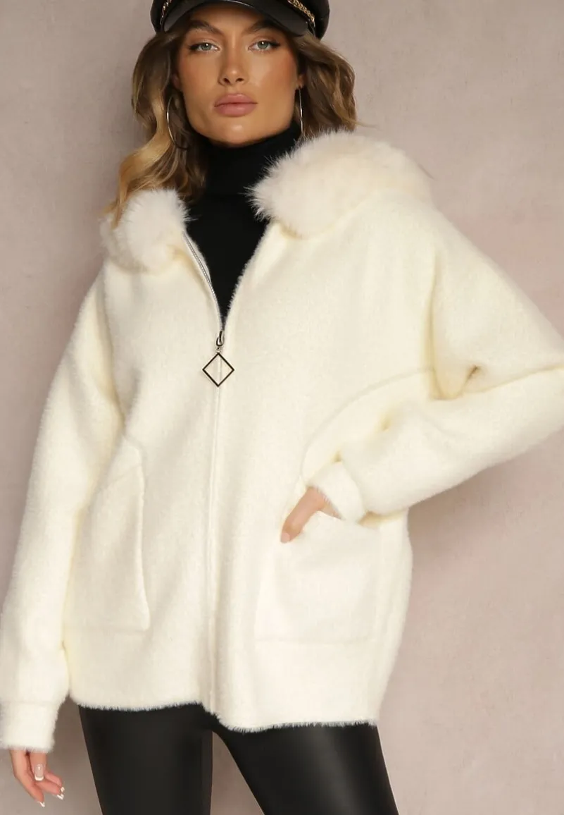 Jasnobeżowa Bluza z Wełną z Kapturem i Kieszeniami Ozdobiona Futerkiem Siliti