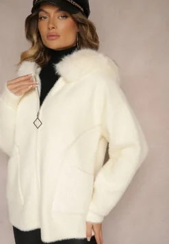 Jasnobeżowa Bluza z Wełną z Kapturem i Kieszeniami Ozdobiona Futerkiem Siliti